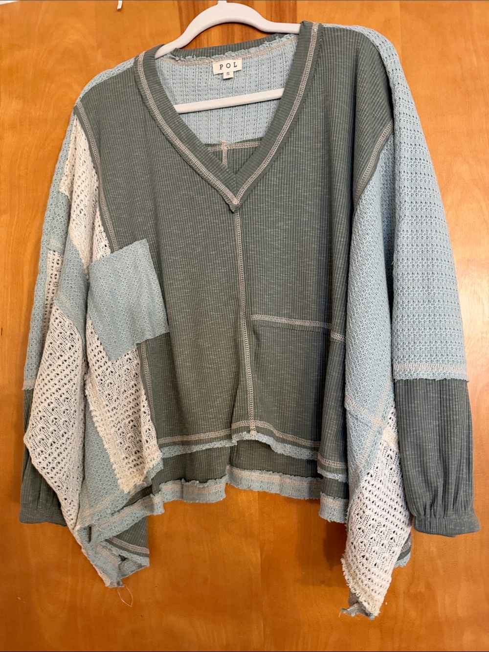 Boxy Casual POL Boxy Patchwork V-neck Top in Sage Green & Light Blue NEVER WORN